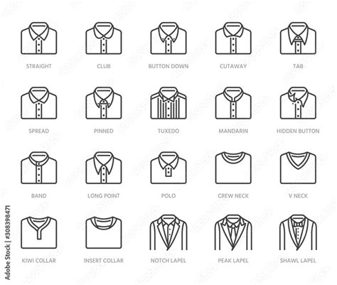 Shirt collars, jacket types flat line icons set. Formal clothing vector ...