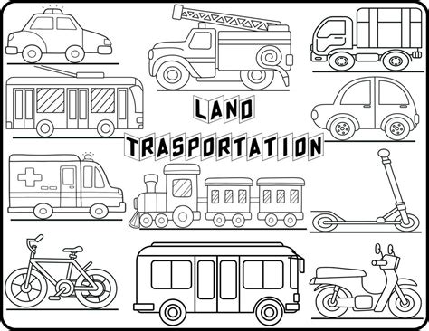 Land Transport is set to be colored. coloring book to educate kids. Learn colors. visual ...