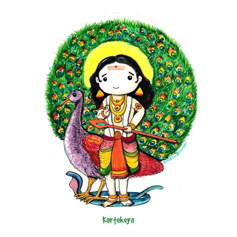 Kartik from illustration series of Indian God and Goddess created in cute style. Indian Gods ...