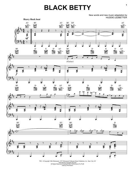 Black Betty sheet music by Ram Jam (Piano, Vocal & Guitar (Right-Hand Melody) – 161844)