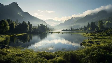 A scenic view of a serene lake surrounded by lush green trees and mountains 27718536 Stock Photo ...