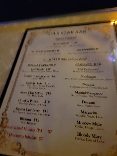 Menu at GOLD STAR BAR, Chicago