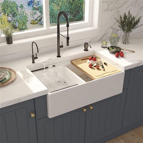 33 inch White Fireclay Farmhouse Sink, Double Bowl Workstation Apron Front Farm Kitchen Sink ...