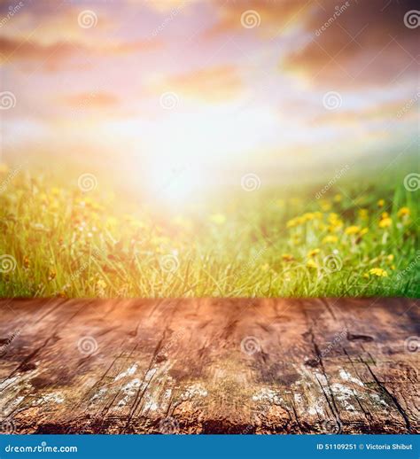 Rustic Wooden Table Over Yellow Dandelion Field And Sunset Sky, Nature Stock Photo - Image: 51109251