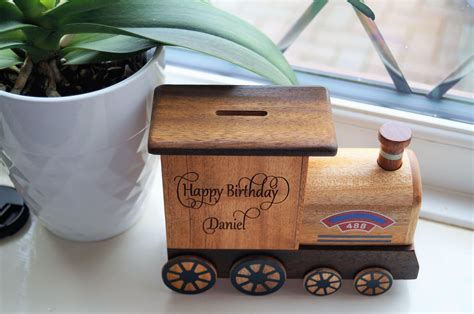 Wooden moneybox, Childrens wooden money box, personalised money box, train money box ...