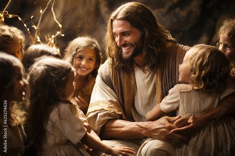 Jesus Christ talking to children, Jesus and children smiling. Generation AI Stock Illustration ...