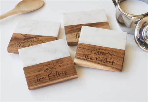 Marble and Wood Engraved Coaster Set Marble Coasters - Etsy