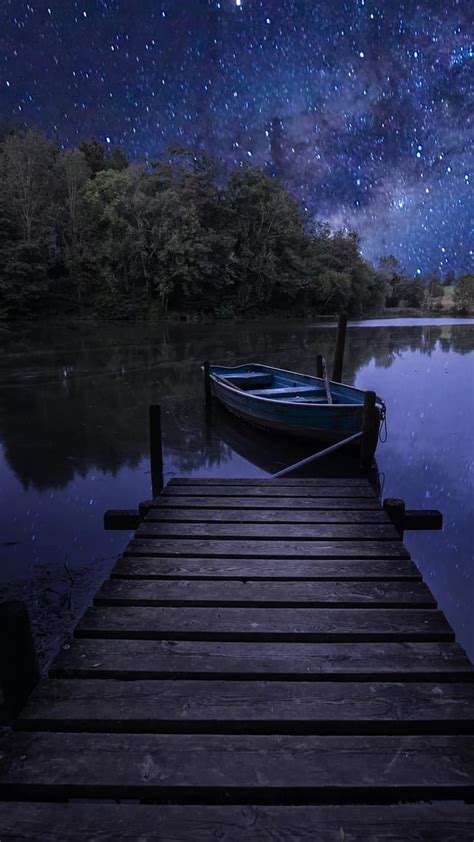 1920x1080px, 1080P free download | Nature, boat, dock, lake, night, stars, water, wooden, HD ...