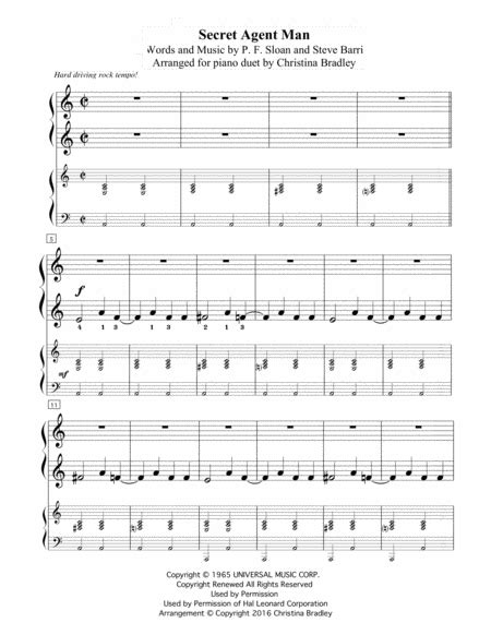 Secret Agent Man (Piano Duet) By Johnny Rivers - Digital Sheet Music For Sheet Music Single ...