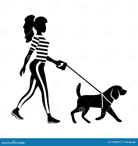 Woman Walking with a Dog Silhouette Stock Vector - Illustration of black, cartoon: 170356977