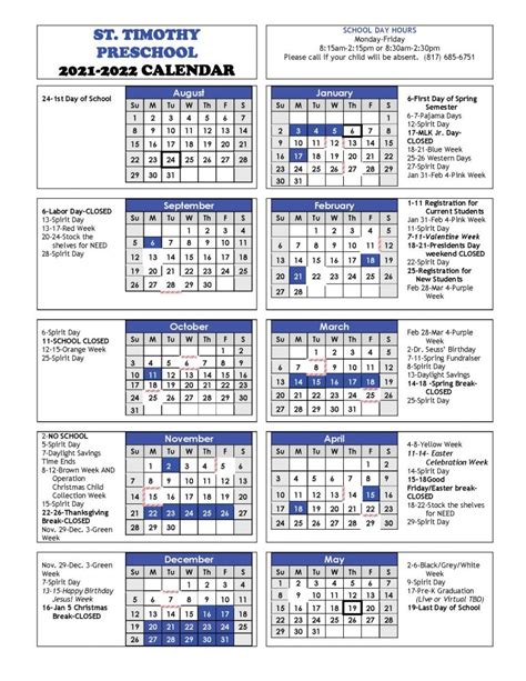 2021 - 2022 School Year Calendar - St. Timothy Preschool