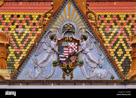 Historical coat of arms of the Hungarian Kingdom on the Post Office in ...