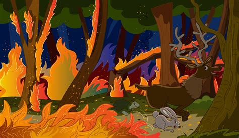 animals escaping from wildfire and wildfire background.vector ...