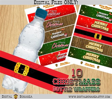 Christmas Water Bottle Labels, Merry Christmas, Happy New Year, Xmas Bottle Wrapper, Santa's ...