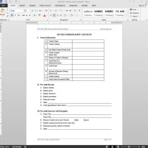 ISO9001 2015 Vendor Audit Checklist Template Template Word