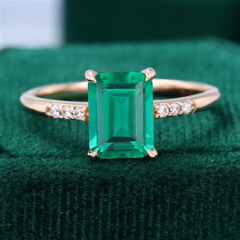 Rose Gold Emerald Cut Emerald and Diamond Engagement Rings - MollyJewelryUS