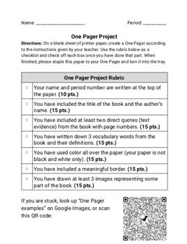 One Pager Activity Rubric (Works with any text!) | TPT