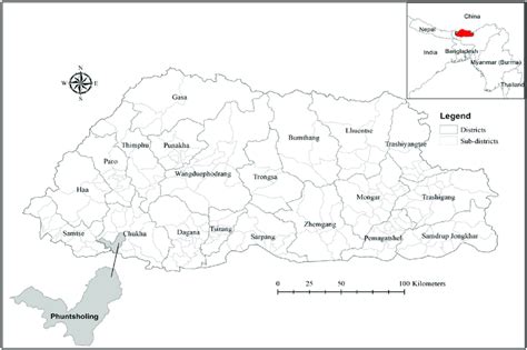 Political map of Bhutan showing Phuentsholing, the site of this study ...