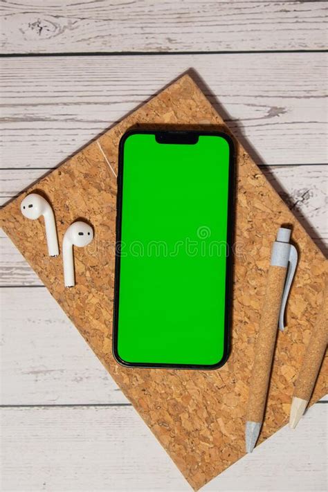 Top View, Wooden Office Desk Mobile Phone Chroma Key Screen Mock Up Mobile App Application Eco ...