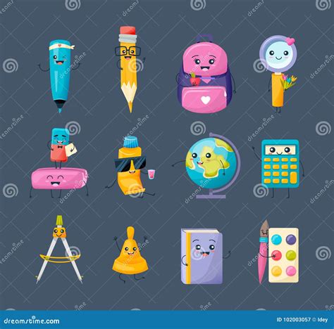 Set of School Funny Office Supplies Characters. School Writing ...