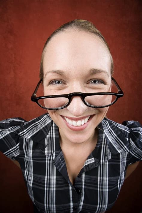 Pretty Nerd Girl in Glasses Pointing at Orange Background, Education Opportunity Stock Image ...