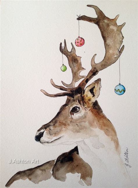 A bit dressed up - Original watercolour deer painting, Christmas deer ...