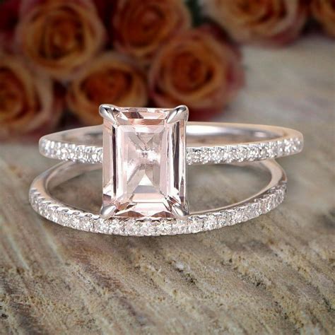 JeenJewels - 1.5 Carat Peach Pink Emerald Cut Morganite Diamond Engagement Ring Wedding Bridal ...