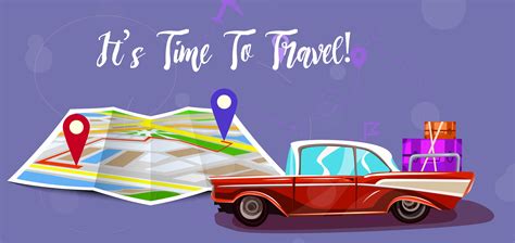 Road trip with map. Vacation elements. It’s Time to Travel text. Cartoon design vector ...