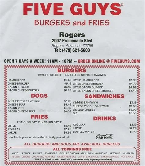 Menu at Five Guys fast food, Rogers