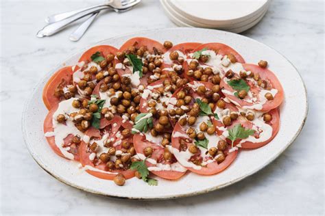 Beefsteak tomato salad with crispy chickpeas and lemon tahini — Hetty ...