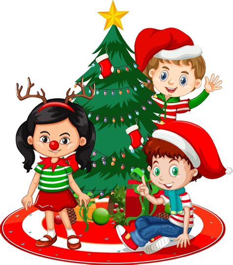 Los niños usan traje de Navidad personaje de dibujos animados con árbol ...