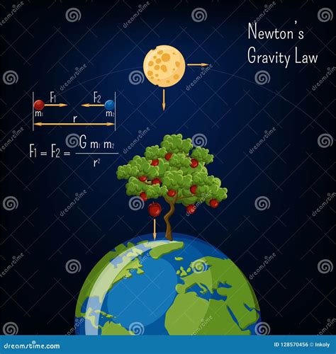 Newton`s Gravity Law Infographic with Earth Globe, Moon, Apple Tree and ...