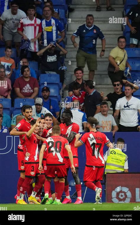 Rayo Vallecano players celebrating the 0-1 during the La Liga match between RCD Espanyol and ...