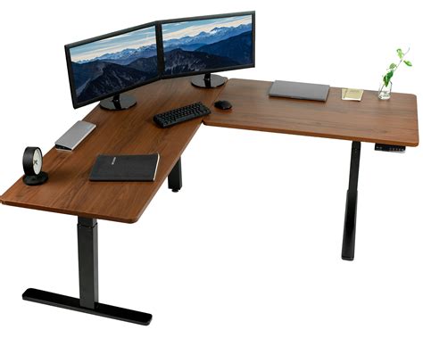 VIVO Electric Height Adjustable 67 x 60 inch Corner Stand Up Desk, 2 Dark Walnut Solid Table ...