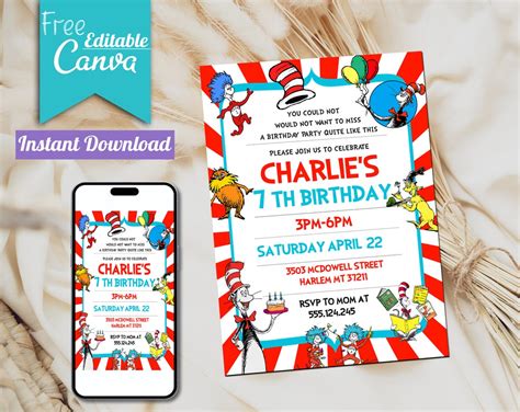 Dr Seuss Birthday Invitation, Dr Seuss Party, Dr Seuss Invite, Dr Seuss Printable, Dr Seuss ...