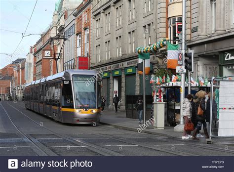 Irish tram in Dublin city centre as a strike in the transport system ...