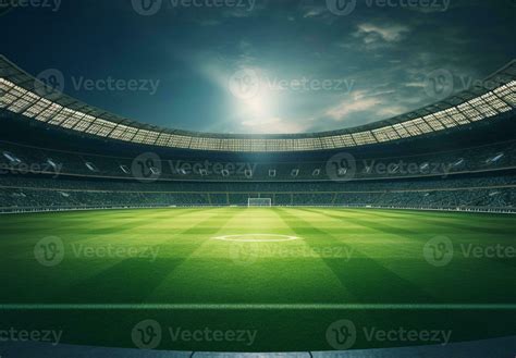 Photo of a soccer stadium at night with stadium light. The stadium was ...