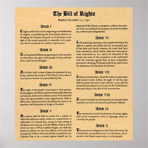 United States Bill of Rights First Ten Amendments Poster | Zazzle.com