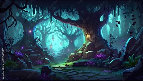 2D abstract and magical enchanted forest background environment for a ...