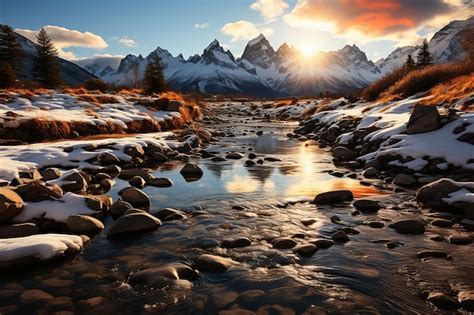 Premium AI Image | Sunset over a mountain river wallpapers Generative ai