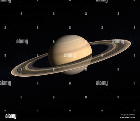 A rendering of the Gas Planet Saturn with its majestic ringsystem on a slightly starry ...