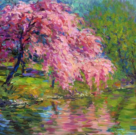 Blossoming cherry tree landscape painting by Svetlana Novikova Printmaking by Svetlana Novikova ...