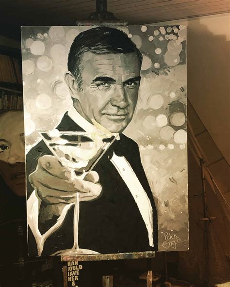 James Bond actor Sean Connery with martini (destroyed in warehouse fire) portrait painting by ...