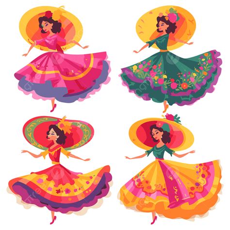 Ballet Folklorico, Sticker Clipart Set Of Vector Ladies In Costumes ...