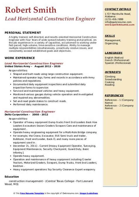 Horizontal Construction Engineer Resume Samples | QwikResume