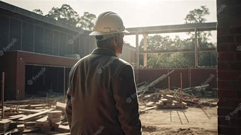 Premium Photo | A man wearing a hard hat looks at a construction site.