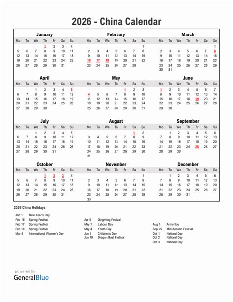 Year 2026 Simple Calendar With Holidays in China