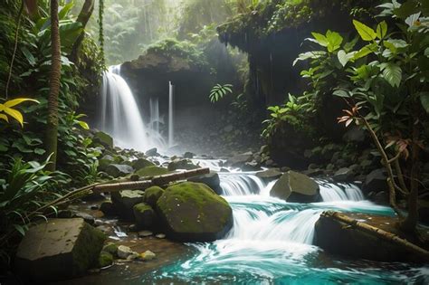 Premium AI Image | Waterfall hidden in the tropical jungle