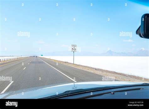 Highway Speed Limit 80 mph sign on the I-80 West through Bonneville Salt Flats near Wendover ...