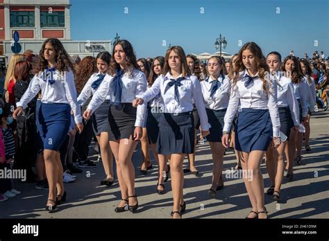 Lefkada. Greece. 10.28.2021. School children marching on the Greek Oxi Day anniversary ...